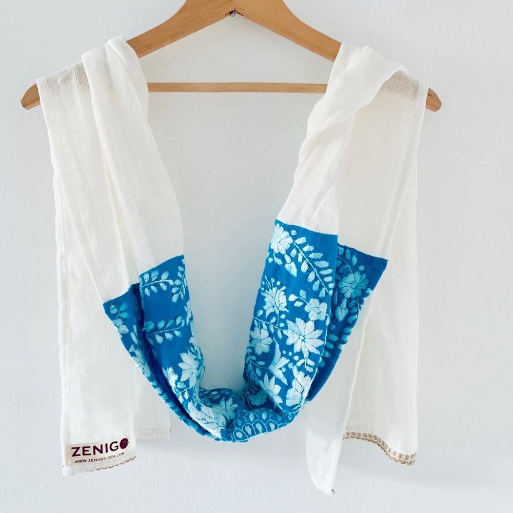 Zenigo Tulum Embroidered Turquoise & White Scarf